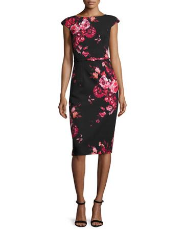 Cap-sleeve Belted Floral Sheath Dress, Red/black