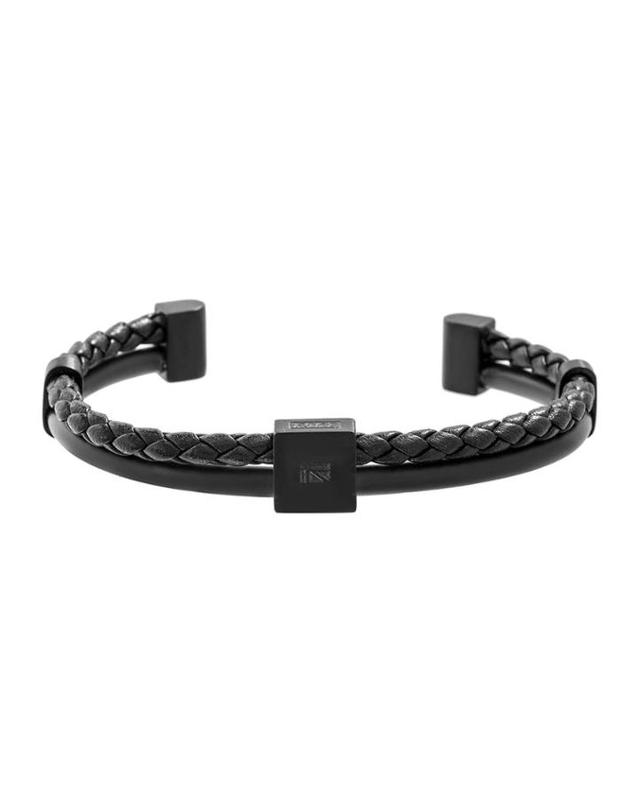 Men's Two-row Leather With Stainless Steel Cuff Bangle, Black