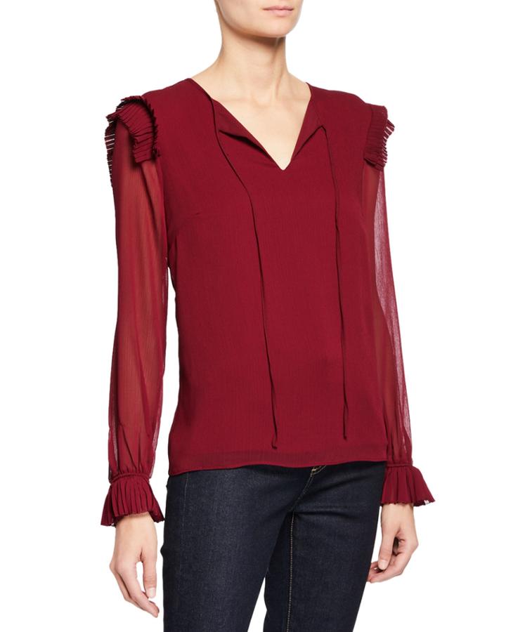 Long-sleeve V-neck Ruffle Blouse
