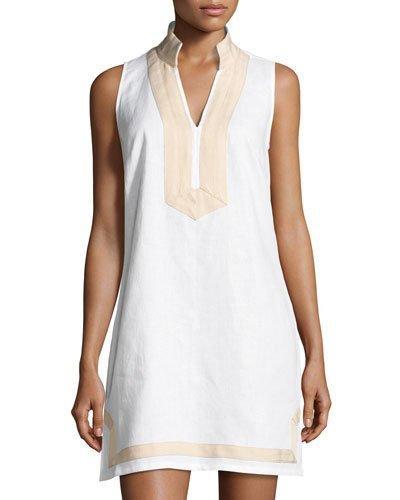 Contrast-trim Linen Tunic Dress, White