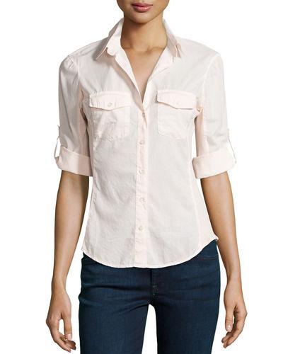 Contrast-panel Tab-sleeve Blouse