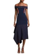 Asymmetric Off-the-shoulder Mesh-trim Dress, Navy