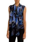 Wave-print Scarf-neck Crepe Blouse