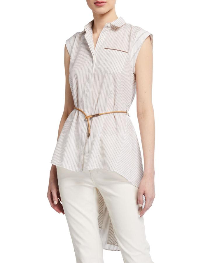 Sleeveless Button-front Belted High-low Top
