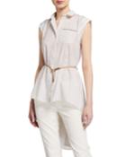 Sleeveless Button-front Belted High-low Top
