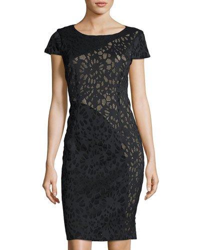 Short-sleeve Laser-cut Sheath Dress, Black