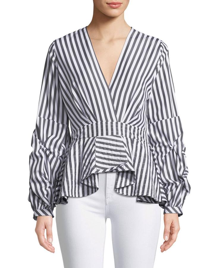 V-neck Striped Ruffled Blouse