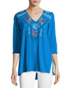 V-neck Embroidered-yoke Tunic, Blue