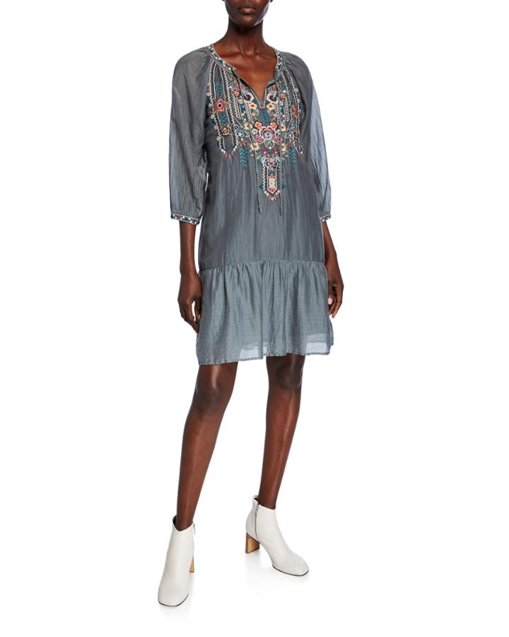 Raquel Embroidered Split-neck Boho Flounce Dress