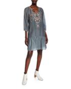 Raquel Embroidered Split-neck Boho Flounce Dress