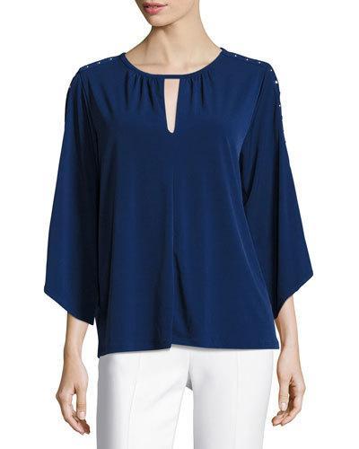 Split-sleeve Keyhole Top, Blue Pattern