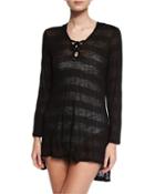 Afterglow Striped Hoodie Coverup Tunic, Black