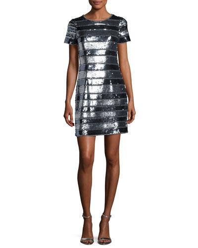 Short-sleeve Embellished Banded Cocktail Dress, Gunmetal