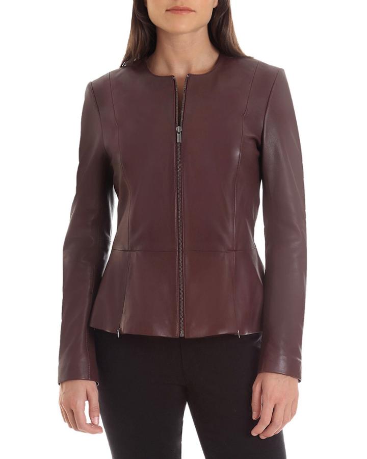 Collarless Lambskin Leather Peplum Jacket