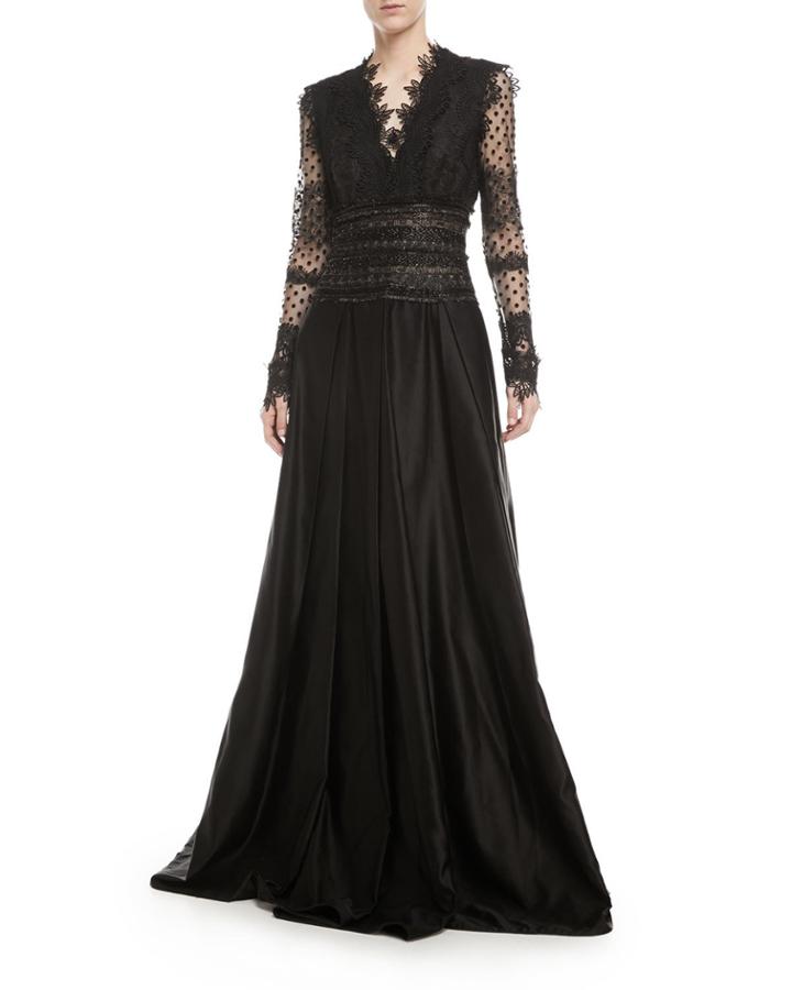 Long-sleeve V-neck Lace Evening Gown W/ Open Back