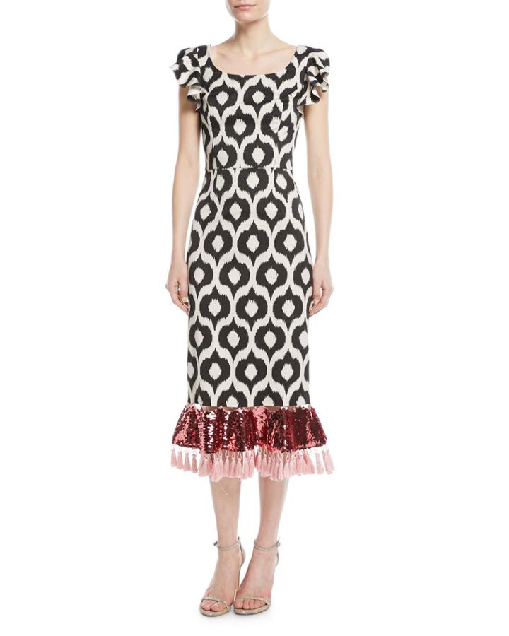 Scoop-neck Batik Sequin Tassel Cocktail Dress