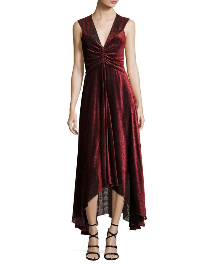Pebbled Burnout Velvet Ruched Dress, Black/red