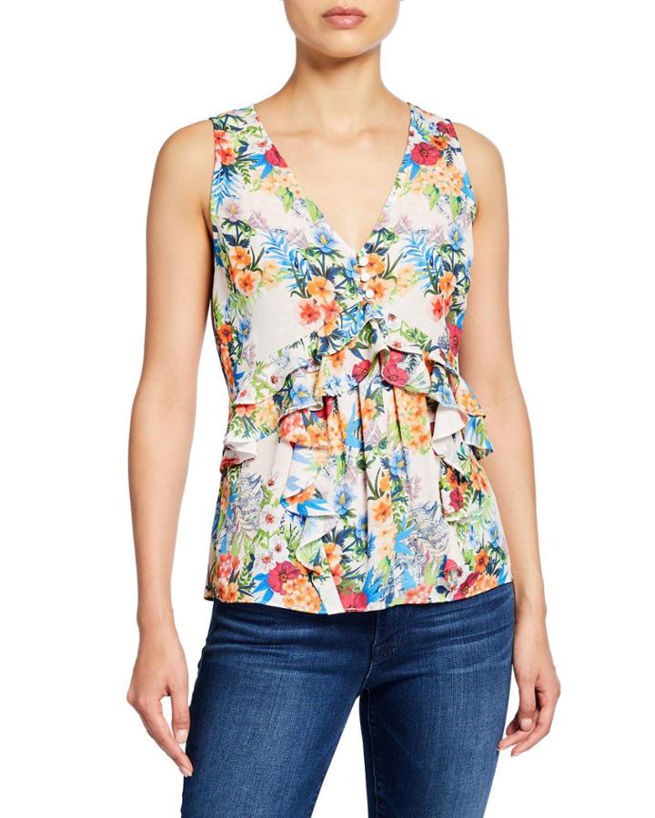 Floral-print Tiered Ruffle V-neck Tank