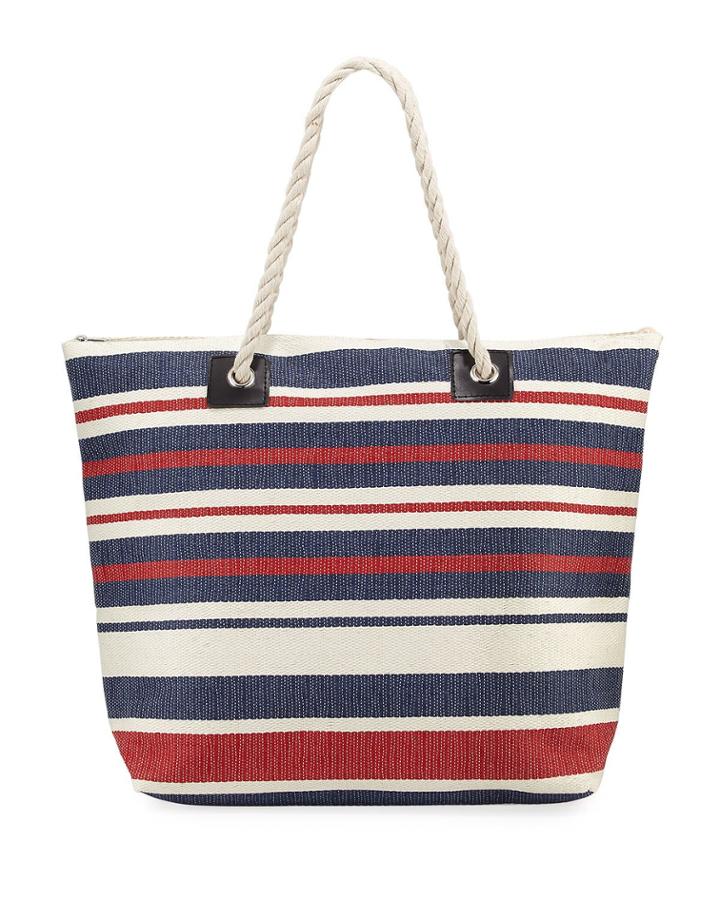 Woven Striped Straw Tote Bag With Rope Handles