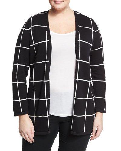 Windowpane Open-front Cardigan, Black,