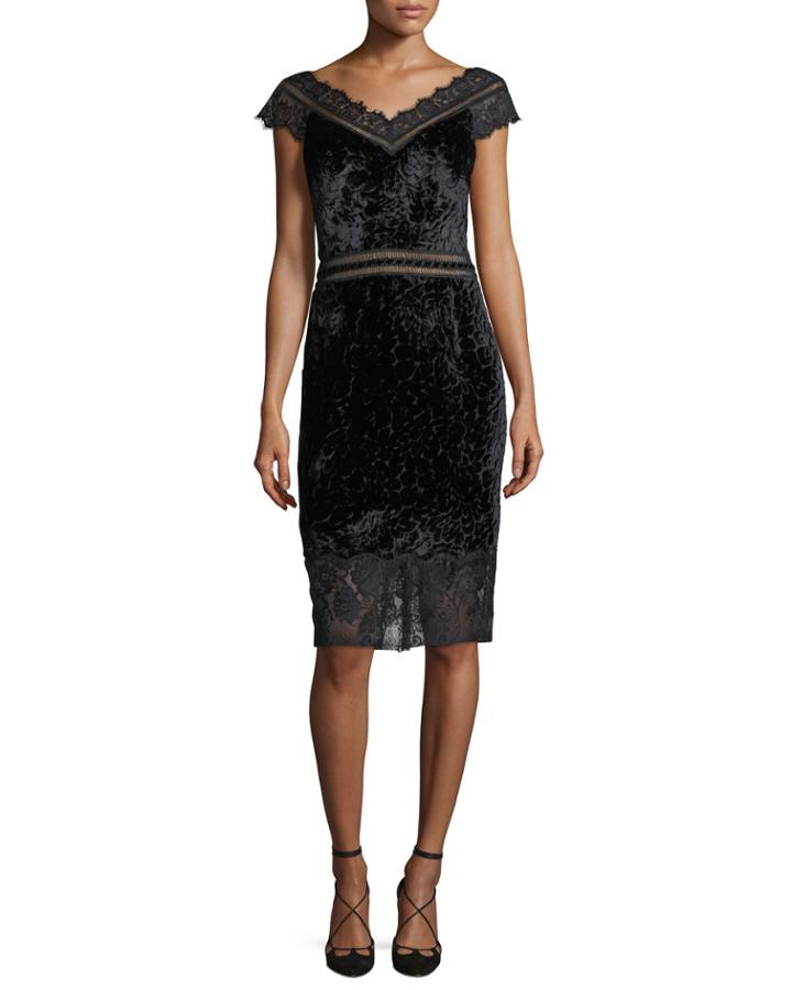V-neck Velvet Burnout Sheath Cocktail Dress W/