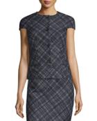Cap-sleeve Button-front Plaid Jacket, Black/white