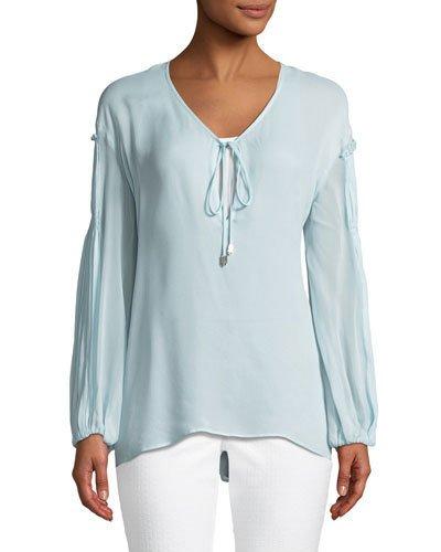 Plisse-sleeve Tie-neck Blouse