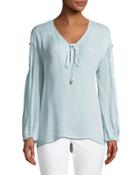 Plisse-sleeve Tie-neck Blouse