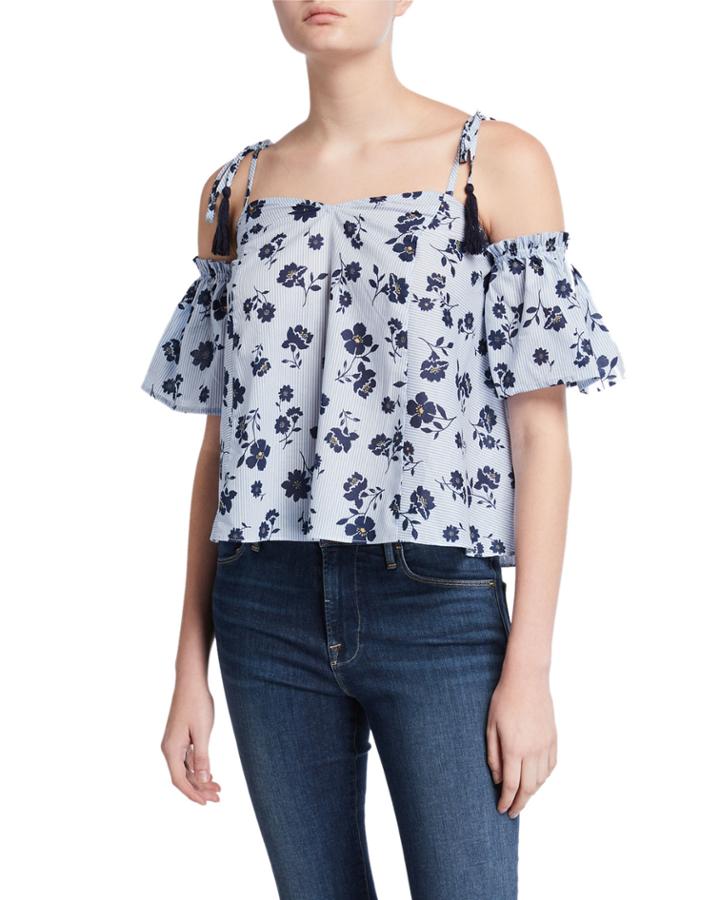 Striped Floral Tie-strap Cold-shoulder Crop Top