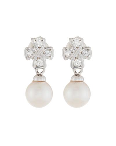 14k Pearl & Diamond Cross Drop Earrings,