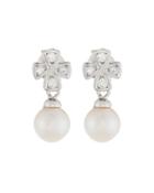 14k Pearl & Diamond Cross Drop Earrings,