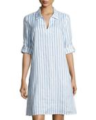 Long-sleeve Striped Linen Dress, Blue/white