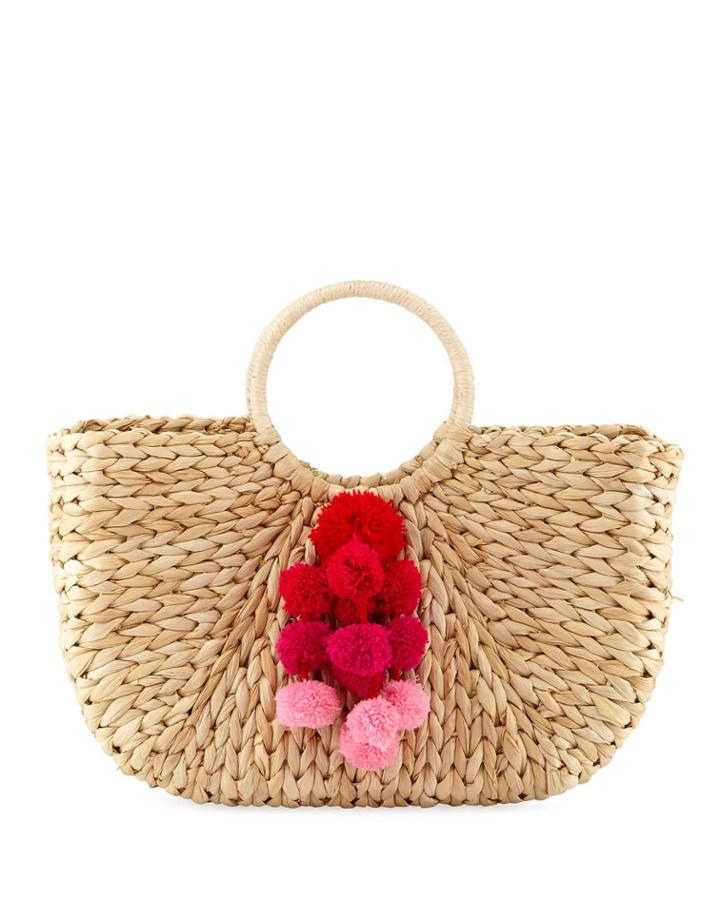 Top Handle Woven Cornstraw Pompom Bag