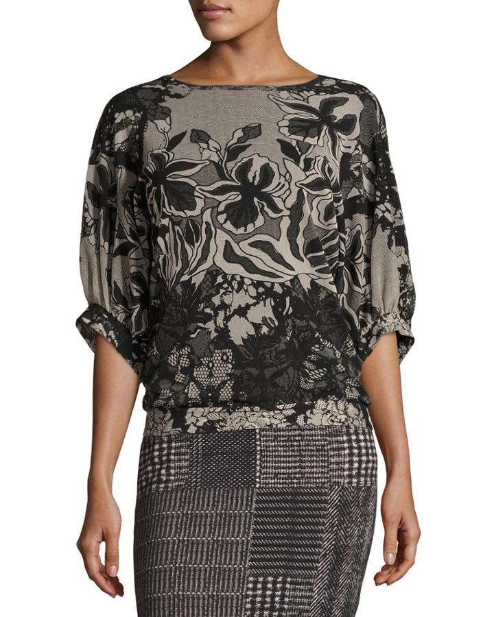 Dolman-sleeve Floral Lace-print Top, Black