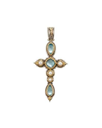 Amphitrite Long Topaz & Pearl Cross Pendant Enhancer