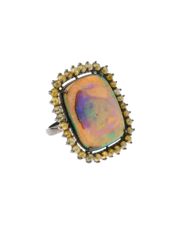 Silver Ring With Compressed Opal & Yellow Diamonds,