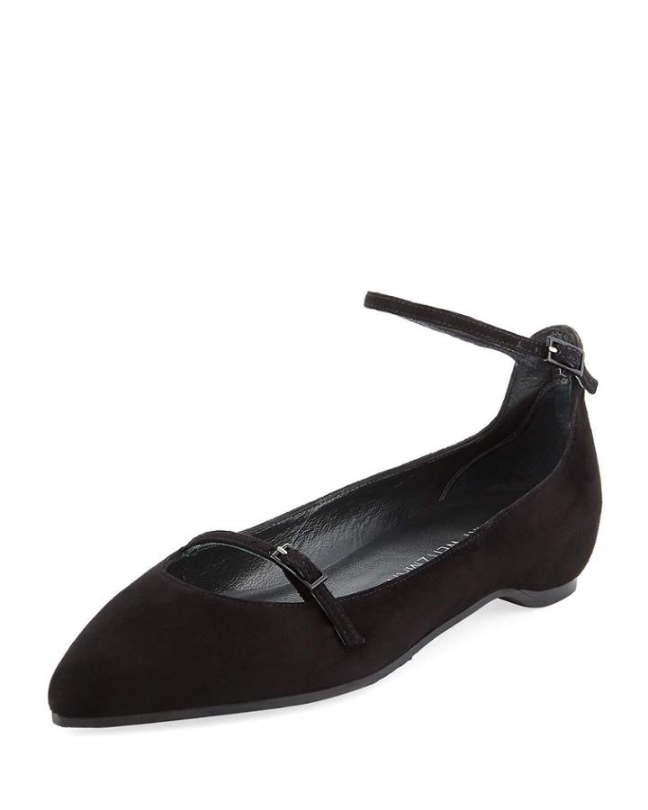 Strap Down Pointed-toe Suede Flat, Black