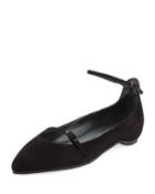 Strap Down Pointed-toe Suede Flat, Black