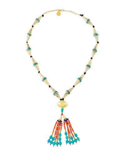 Long Turquoise, Lapis & Coral Beaded Tassel Necklace