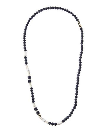 Cuban Long Paper & Bone Beaded Necklace, Dark Blue