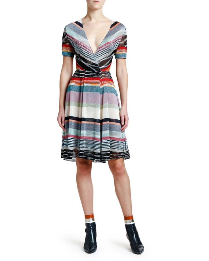 Shimmer-striped V-neck Dress