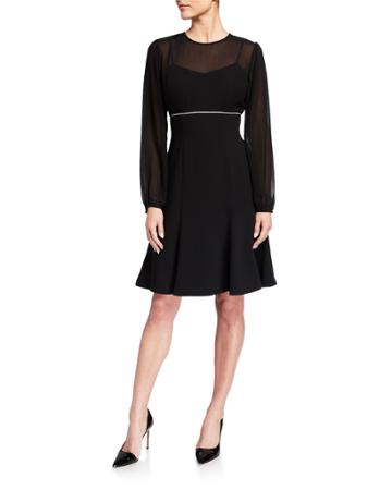 Georgette Fit-&-flare Long-sleeve Paneled Dress