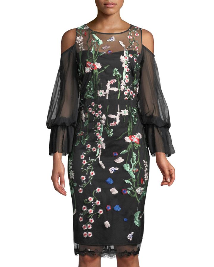 Floral-embroidered Cold-shoulder Illusion Dress
