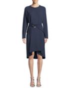 Belted Long-sleeve Crewneck Dress