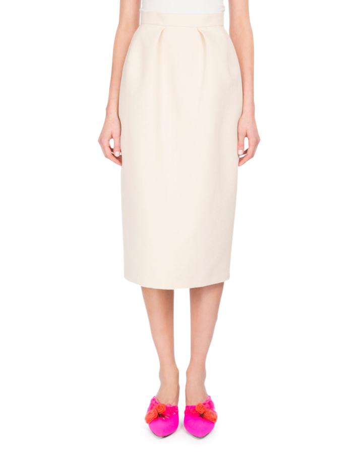 Pleated Cotton Pencil Skirt, White/brown
