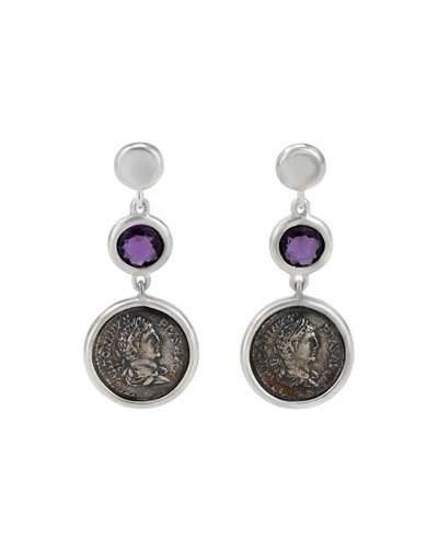 Legacy Vivace Silver Coin & Amethyst Triple-drop Earrings