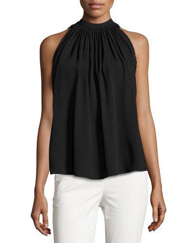 Sleeveless Shirred Crepe Tie-back Top, Black