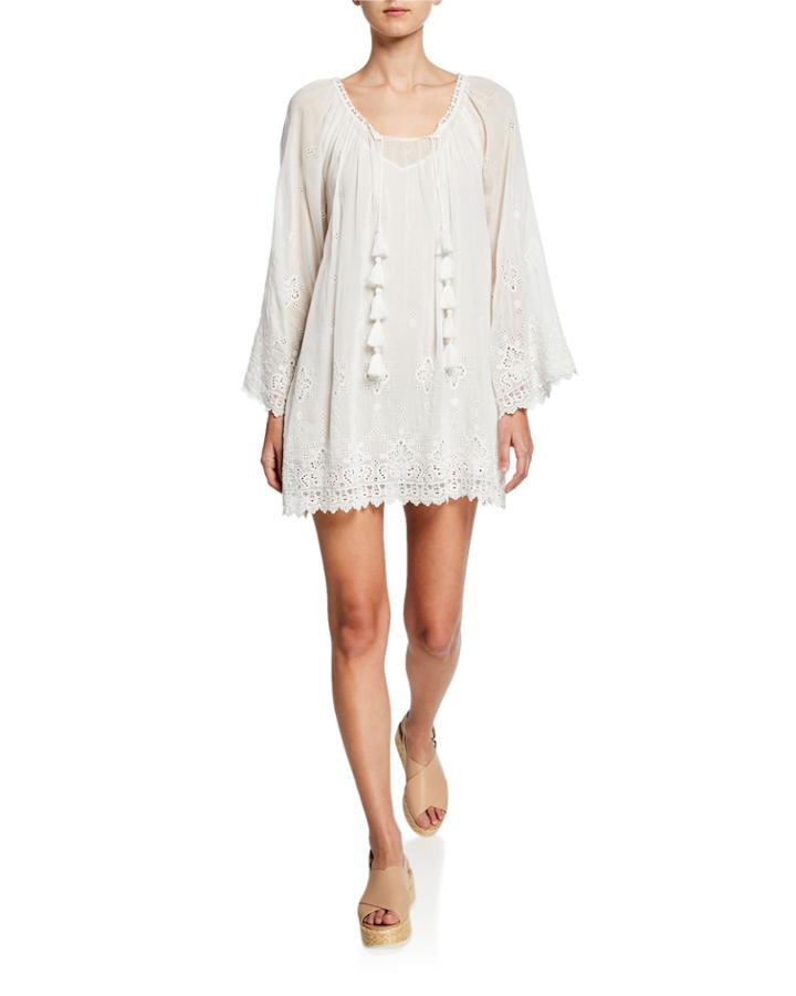 Zinia Long-sleeve Eyelet Shift Dress With Tassel Trim