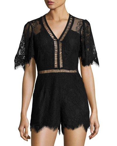 Josephine Short-sleeve Lace Romper, Black