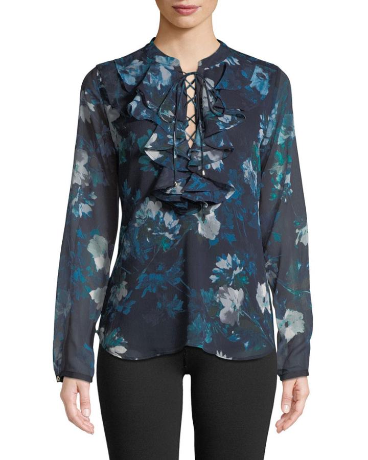 Lace-up Ruffle Floral-print Top